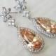 Champagne Crystal Bridal Earrings, Champagne CZ Silver Teardrop Earrings, Light Peach Dangle Wedding Earrings, Statement Wedding Earrings
