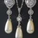 Pearl Bridal Jewelry Set, Swarovski Ivory Pearl CZ Earrings Necklace Set, Teardrop Pearl Chandelier Earrings, Single Pearl Silver Pendant