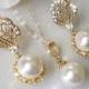 Gold Bridal Pearl Jewelry Set, Swarovski White Pearl Earrings&Necklace Set, Pearl Halo Earrings, White Pearl Pendant, Wedding Bridal Jewelry