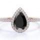 14k Rose Gold Pear Cut Ring With Black Diamond Halo