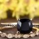 7mm Cushion Black Spinel engagement ring,black diamond wedding band,Marquise diamond matching band,half eternity,solid gold wedding ring set
