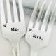 Mr Mrs, hand stamped vintage wedding forks, engagement silverware, custom with wedding date, bridal and groom, personalized