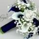 CHOOSE RIBBON COLOR - Navy Blue and White Calla Lily and Rose Bouquet, Navy Blue Bridal Bouquet, Calla Lily Bouquet, Baby's Breath, Wedding