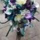 Purple, teal, peacock bridal bouquet, cascading artificial flower bouquet, picasso calla bouquet