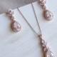 Rose Gold Wedding Jewelry Set for Brides, Teardrop Wedding Earrings and Necklace Set, bridal jewelry, Tulips Rose Gold Jewelry Set