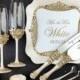 gold wedding glasses and cake serving, wedding glasses for bride and groom gold, wedding flutes gold