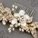 Gold Hair Comb, Floral Wedding Hair Comb, Crystal Bridal Hair Comb, Freshwater Pearl Wedding Comb, Crystal Hair Clip, Hair Comb  HMH0172