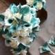 Teal Cascade Bridal Bouquet, Toss Bouquet, Real Touch Flowers Calla Lily Ivory Roses Tiger Lilies Boutonnieres