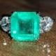 14k white gold engagement three  stone ring natural green Colombia emerald ring  2.99 carat.