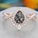 Pear shaped Black quartz engagement ring rose gold Unique Vintage engagement ring for women Twisted diamond wedding Bridal Promise gift