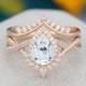 Pear shaped Moissanite engagement ring set Art deco Rose gold engagement ring vintage Unique Curved diamond Bridal Anniversary gift for her