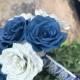 Book Page and Navy Blue Filter Paper Rose Bridal Bouquet - Colors are customizable