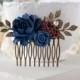 Navy Blue Burgundy Wedding Hair Accessory, Bridal Hair Comb, Antiqued gold Leaf Pearl Rose Flower Hair Comb, Bridesmaid Gift, Gift for her