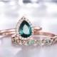 Pear Emerald Engagement Ring Set,Diamond halo,Plain Rose Gold Band,Emerald Wedding Band,Art Deco Wedding Band,Women Bridal Set,14K/18K Gold