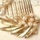 TRUE Vintage Pearl Brushed Gold Leaf Bridal Hair Comb, Designer TRIFARI Autumn Wedding Hairpiece, Rustic Country Woodland Head Piece 1960s