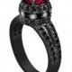 Garnet Engagement Ring, Garnet and Black Diamond Engagement Ring, Vintage Style 14K Black Gold 1.94 Carat Certified Handmade Unique