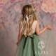 Full Length Sage Green Tulle Sleeveless Lace Top Scalloped Edges Back Party Flower Girl Dress