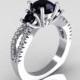 Modern French Bridal 14K White Gold Three Stone 1.0 Carat Black Diamond Accent White Diamond Engagement Ring R140-14WGDBD