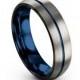 Mens Wedding Band Thin Blue Line, Tungsten Ring Brushed Gray 6mm, Wedding Ring, Engagement Ring, Promise Ring, Rings for Men, Rings Women