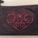 Embroidered HEART Faux Black Leather (Cotton) Coin Bag 6" x 3.75" Zippered