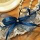 Wedding garter white lace and Navy Blue organza