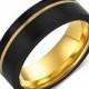 Asymmetrical Yellow Gold Tungsten Wedding Band, Off Center Gold Line, Black Statement Ring, Satin Finish, Flat Edges, Couples Ring, Engraved