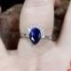 Blue Sapphire Diamond Pear Half Halo Engagement Ring Semi Bezel, 14k 18k White Yellow Rose Gold, Platinum, Custom, Tear Drop