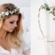 Bridal Flower Crown ivory and white Flowers, dried Baby's Breath,green leaves, white pearls, Wedding Headpiece Hair Wreath