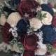 Navy, Burgundy, and Ivory Sola Wood Flower Bouquet with Baby's Breath and Greenery - Bridal Bridesmaid Toss