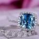 2 pcs 7mm Cushion Cut London Blue Topaz Engagement ring/14k White gold diamond band/Halo Stacking/Half Eternity wedding ring/Birthstone Gift