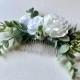 Boho rose hair comb, white rose flower comb, wedding hair accessory, eucalyptus greenery hair flowers