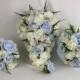 Artificial wedding bouquets flowers sets ivory & baby blue roses hydrangea