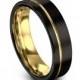 Unisex Black Tungsten Ring 18k Yellow Gold Wedding Band Ring Tungsten Carbide Ring 8mm Width For Anniversary, Matching, Engagement, Gift
