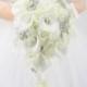 Cascade Wedding Bridal bouquet, White Calla Lily and  Rose plus Luxury Brooch-Waterfall Flower with Pearls Crystal Rhinestone Jewelry Décor