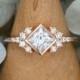 Princess cut Moissanite engagement ring rose gold Unique Diamond Cluster engagement ring vintage Bridal Promise Anniversary delicate ring