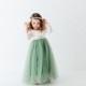 White Lace Flower Girl Dress, Dusty Sage Green Long Sleeve Wedding dress, Fern Floor Length Dress