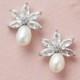 Pearl Bridal Earrings, Freshwater Pearl Wedding Earrings, Silver CZ Stud Earrings, CZ Bridal Earrings, Silver Pearl Wedding Earrings~JE-4153