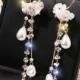 Korean Fashion Pendant Long Tassel Flower Pearl crystal dangle drop Earrings, wedding party fashion earrings, white flower drop earrings