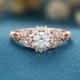Vintage round cut moissanite engagement ring women Rose gold Unique Cluster engagement ring 14K solid Gold Bridal Anniversary gift for women