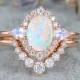 Vintage Natural Opal Engagement Ring Set Rose Gold Antique Cluster Halo Opal Ring Moonstone Birthstone Australia White Opal Ring Set 2pcs