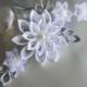 White Bridal Hair Clip - White Silver Grey Kanzashi Flower with Pearls - Wedding Hair Flowers Bridal Headpieces