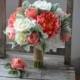 Rustic Coral Bridal Bouquets, Real Touch Peonies, Roses, Hydrangeas, Silk Wedding Bouquet, Groom Boutonniere, Lamb's ears