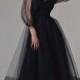 Wedding or evening dress with puffy sleeves Simple engagement dress Dark blue midi dress White tulle dress