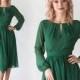 Romantic Emerald Cocktail Flowy Dress With Long Sleeves / Tender midi chiffon dress for womens / Wedding party gown / Elegant prom dress