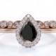 1.5 Carat Black Diamond Engagement Ring Set, Pear Cut Black Diamond Promise Ring, unique Black gemstone Bridal Set, Art Deco Wedding Band