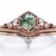 Vintage Crown Ring, Moss Agate Bridal Set, Alternative Gemstone Ring Set, Unique Gemstone Jewelry, Silver Moss Agate, Green Gemstone Rings