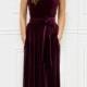 Dark Purple Velvet Maxi Bridesmaid Dress Round Neck Deep V- Back Cup Sleeves With Pockets Sash Waistband