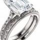 Engraved Sculpted Engagement Ring Moissanite Emerald Cut 'Dauphine'' Solitaire Engagement Ring Cathedral Setting Engagement Ring Forever One