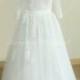 Stunning white open back A Line Tulle lace wedding dress with middle calf sleeves