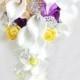 Purple,yellow & Ivory Wedding Bouquet-Waterfall Bridal Bouquet-Crystal Bridal Flowers-ivory purple Bouquet-Bridesmaid Bouquet- Silk Flowers
